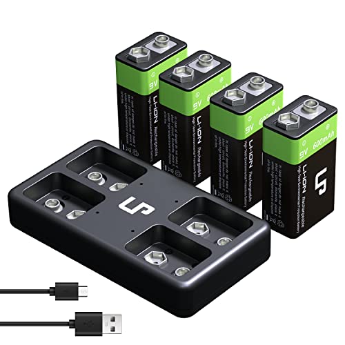 LP Rechargeable 9V Lithium Batteries - 600mAh Long Lasting LI-ion Batteries with Micro USB Charging Station - 4-Pack 9 Volt Batteries