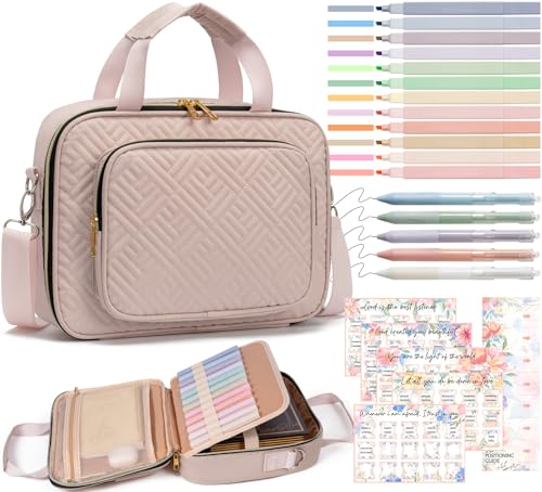 Bible Cover for Women Bible Case, Large Bible Bag w/Shoulder Strap, Bible Study Supplies Bible Journaling Kit Pink Book Carrying Case with Bible Highlighters, Mothers Day Christian Gifts for Women