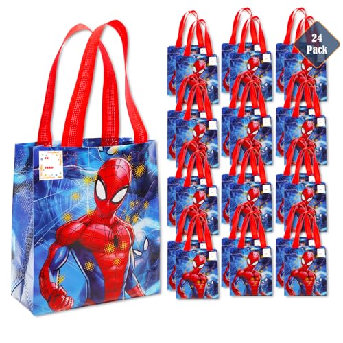 Spiderman Party Favor Bag Set – 24 Pack of 8" Spiderman Party Goodie Bags for Kids Bulk Reusable Mini Totes | Marvel Spiderman Birthday Party Supplies