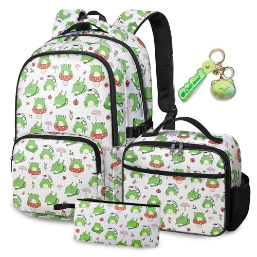 Fihevur Frog Backpack Set for Boys Girls, Kids Frog Backpack for School with Lunch Box Pencil Bag, Cute School Bag with Keychain for Elementary Students