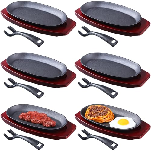 Mifoci 6 Pieces Oval Cast Iron Fajita Skillet Pan Set Small Sizzling Steak Plate with Wooden Base and Handle Cast Iron Fajita Skillet Sizzling Plate for Home Restaurant Barbecue Wedding autumn Party