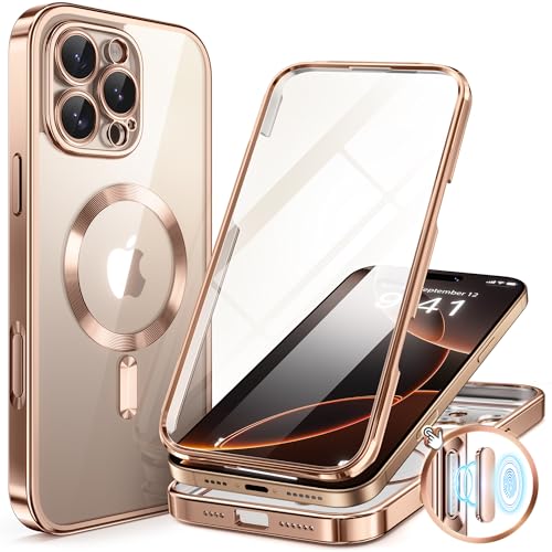 BERFY Magnetic for iPhone 16 Pro Case, Compatible with Magsafe, Built-in 9H Tempered Glass Screen Protector & Upgraded Camera Protection, Full-Body Plating Phone Case for 16 Pro 6.3", Desert Gold