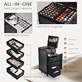 Joligrace Rolling Manicure Table 5 Drawers Makeup Case Foldable Nail Desk Cosmetology Case on Wheels with Brush Pouch for Technician Workstation Mobile Makeup Artist Trolley Black