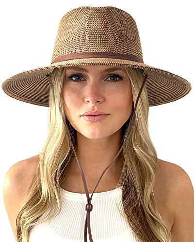 FURTALK Womens Summer Straw Sun Hats Wide Brim Panama Fedora Beach Hat with Wind Lanyard UPF 80+ Coffee Brown
