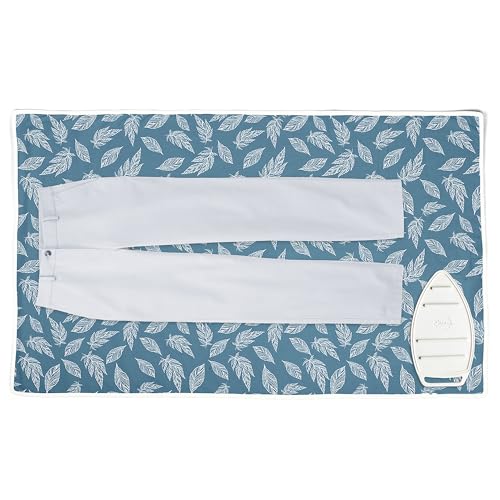 Encasa XO Ironing Mat/Pad (Large 48"x28") with 3mm Padding & Silicone Iron Rest for Steam Pressing on Tabletop or Bed - Heat Resistant, Portable, Quilting & Travel Blanket - Big Leaves Blue
