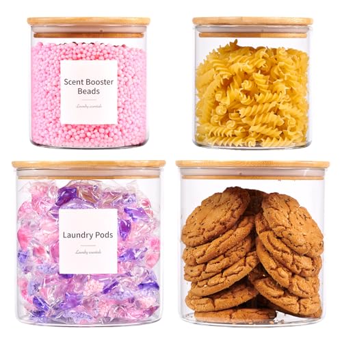 KitHero Laundry Pods Container 4 Pack, Laundry Pod Detergent Holder with Labels for Laundry Room Organization, Laundry Detergent Container for Laundry Room Storage, Powder, Scent Boosters, Cookies
