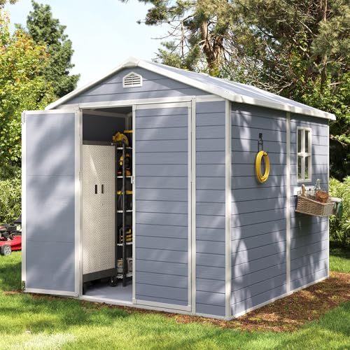 Aoxun 6 x 8 FT Outdoor Storage Shed with Window, Resin Shed with Floor & Lockable Doors, Garden Shed Waterproof Plastic Tool Shed with Sloped Roof for Backyard, Garden, Patio, Lawn, Grey
