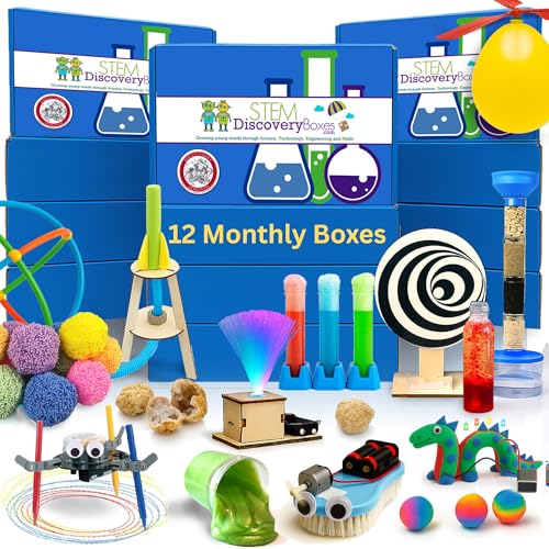 STEM Discovery Box - 12 Monthly Subscription Kits w/ 36 Projects - Summertime Remote School - Science, Technology, Engineering, Mathematics - Stem Learning for Kids Ages 7-12