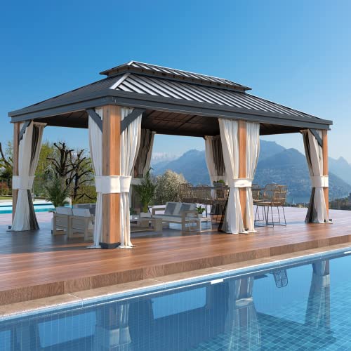 YOLENY 12'x20' Hardtop Gazebo Ultra-Thick Columns and Beams, Gazebo with Wood Grain Aluminum Frame, Galvanized Steel Roof, Permanent Metal Pavilion with Netting and Curtains for Backyard and Patio