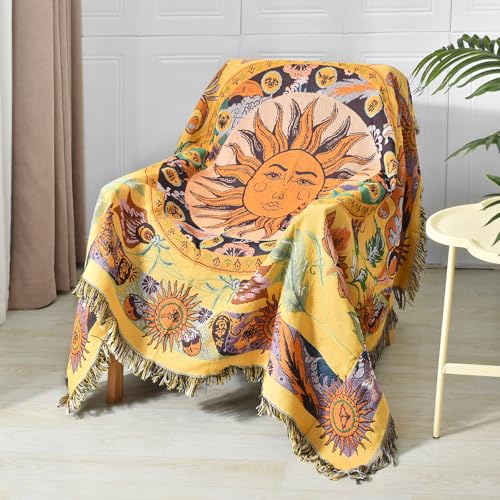 Shesyuki Boho Throw Blanket Reversible Cotton Bohemian Tapestry Hippie Room Decor Outdoor Blanket Double Sided (National Sun Pattern Yellow 50"x60")