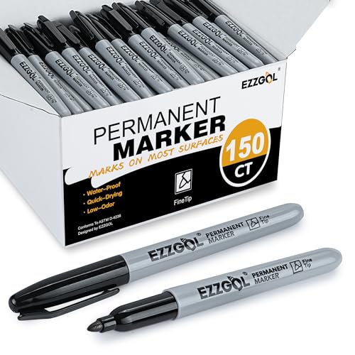 Ezzgol Permanent Markers Bulk, 150 Pack Fine Tip Black Permanent Markers, Waterproof Markers, Premium Smear Proof Pens, Quick Drying, Office Supplies for School, Office, Home