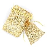 Staruby Organza Gift Bags 100Pcs Gold Sheer Organza Bag 4x6 Inch Mesh Favor Bags Drawstring Jewelry Rattan Printed Gift Pouches for Wedding Party Favors Baby Shower Christmas Gifts Candy Bags