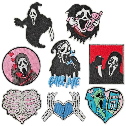 Jefuzh 8PCS Horror Halloween Iron on Patches, Ghost Face Embroidered Iron on Patches for Clothes, Hats, Jeans, Skirts, T-Shirts, Backpacks, Etc