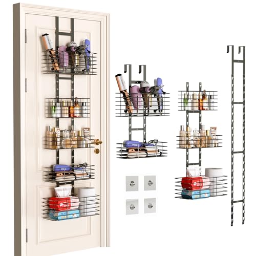 Yuyetuyo 5-Tier Over The Door Bathroom Organizer - Hair Dryer Holder - Hair Tool Organizer Adjustable Height, DIY Bathroom Storage Shelf Wall Mounted for Flat/Curling Irons, Straighteners, Skincare