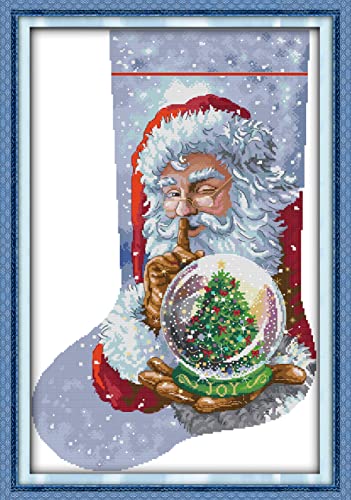 CaptainCrafts Cross Stitch Kits Christmas Stocking Stamped Cross Stitch Printed 14CT Fabric Cross Stitching DIY Needlecrafts Embroidery Kit for Adults Beginner (Stamped 14CT, Cute Santa)