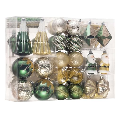 DecorbyHannah Christmas Ornaments Set,120ct Shatterproof Green Gold Christmas Tree Ornament Bulk with Small Tree and Santa Claus, Assorted Decorative Hanging Ball Ornament for Xmas Tree Decoration