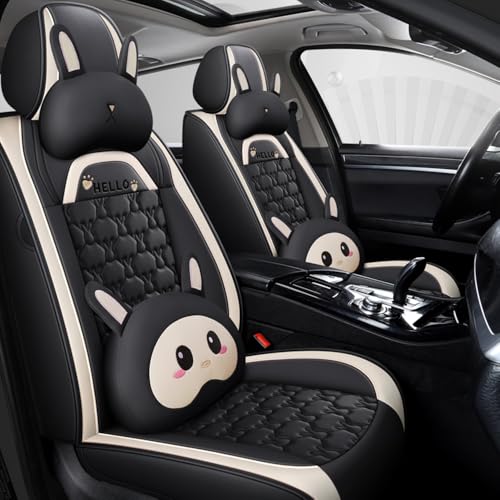 INZU Cute Cartoon Rabbit Comfortable Car Seat Covers with Waterproof PU Leather Suitable for Most 5 Seats Cars SUV and Pick-up Truck Universal Fit Set (Black)