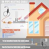 Relaxweex 25 Ft In Pipe Heating Cable Prevents from Freezing, Internal Self Regulating Heat Trace Cable for Safe Drinking Water, 3/4 NPT Fitting, 120 V, 3 W/FT