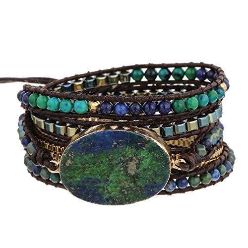 Plumiss Boho Leather 5 Wrap Natural Stone Chrysocolla Bracelet Handmade Gemstone Beaded Bracelet Jewelry Collection