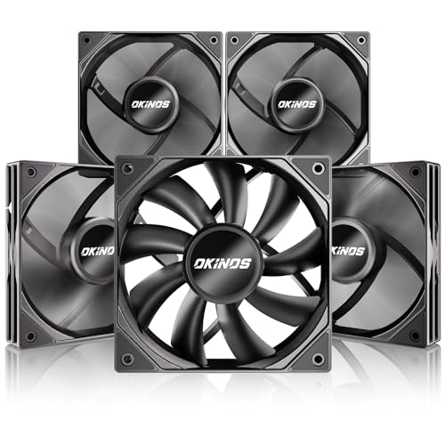 Okinos, 5 Pack, 120mm PWM Case Fans – 4-Pin Silent PC Fans, 1500 RPM High Airflow 67CFM, Low-Noise 28 dBA, Quiet Stealth Mode, Anti-Shock Pads, PWM Sharing w/ 1-to-3 Splitter Cable, Hurricane Series