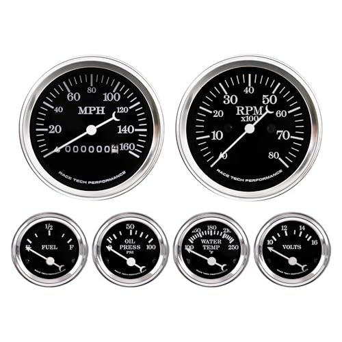 RACETECH Vintage Mechanical 6 Gauge Set Black Dial Instrument Cluster 4 Color Speedometer MPH Tachometer RPM Signal Filter Volt Fuel Level 240-33 Ohm Water Temp Oil Pressure Gauge Classic 1 for Car