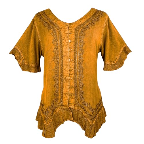 Agan Traders Boho Medieval Button Down Asymmetrical Hem Embroidered Tops for Women - Short Sleeve Women's Blouses Shirts (305 B, M, OGd) Old Gold