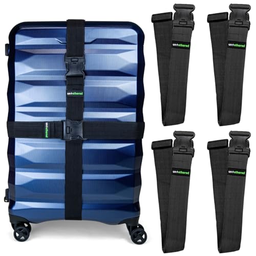 Untethered Luggage Straps | TSA-Approved Suitcase Belts with Heavy-Duty Buckles. Secure Adjustable Travel Accessories for Checked Bags. 4-Pack