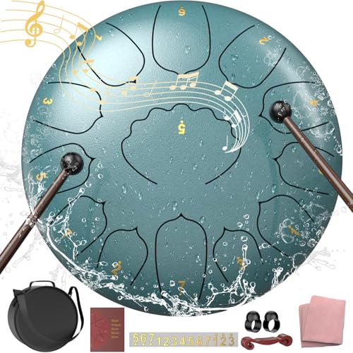 D Major Steel Tongue Drum Handpan, 12 Inch 13 Note Rain Drum for Outside Garden, Rain Chime Hand pan with Music Book, Mallets, Rain Chime Waterproof, Hand Pan Instrument Outdoor (Moss Blue, 12 Inches)