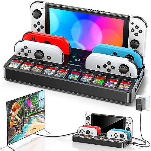 Switch Docking Station for TV with Controller Charger, Replacement for Switch TV Dock with HDMI Adapter, SW Base Station Portable Charging Dock with 10 Game Slots