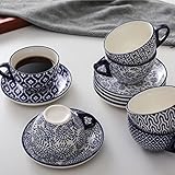 Selamica Ceramic 8 oz Cappuccino Cup Set with Saucers, Espresso Coffee Cups, Latte Macchiato for Party Cafe Home, Set of 6, Vintage Blue