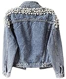 Kedera Women's Jean Jacket Embroidered Rivet Pearl Short Denim Jacket Coat