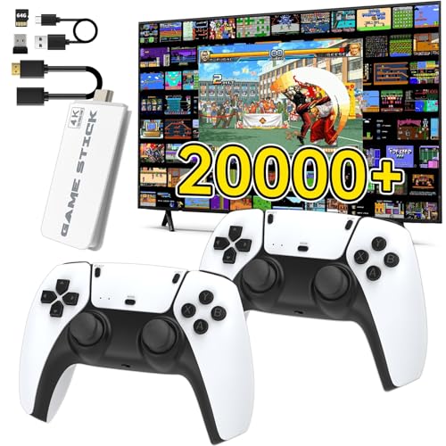 Wireless Retro Game Console, Retro Game Stick with Built-in 9 Emulators, 64GB,20,000+ Games, 4k Hdmi Output, and 2.4GHz Wireless Controller, Plug and Retro Play Video Games for TV（Pearl White）