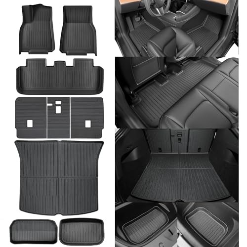 SUPER LINER Tesla Model Y Floor Mats 2025 2021-2024 | Custom Fit All-Weather 9-Piece Set TPE Material| Back Seat Protector,Cargo Liner, Trunk & Interior Accessories(Not for 7Seat&Juniper)