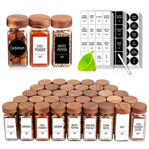 Churboro 36 Glass Spice Jars with 547 Labels with Shaker Lids - 4 Oz Square Spice Containers with Acacia Wood Lids, Chalk Pen, Funnel Seasoning Jars for Spice Rack, Cabinet, or Drawer