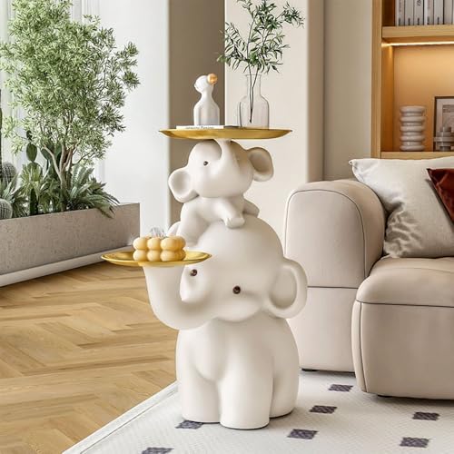 Elephant Shaped Side Table with Two Trays, Stylish Resin End Tables, Cute Small Accent Table, Modern Coffee Table for Living Room, Bedroom, Patio