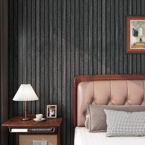 FunStick 24"x200" Black Wood Slats Peel and Stick Wallpaper Removable Wood Contact Paper Peel and Stick 3D Wood Slat Wall Panel Wall Paper Decor Self Adhesive Wood Wallpaper for Bathroom Cabinets Desk