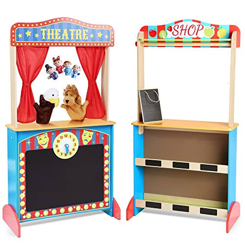 CHIUHEI Deluxe Wooden Puppet Theater with Curtains, Blackboard and Clock, Double-Sided Play Store 3-8Y & Kid Puppet Show Theater with 2 Hand Puppets and 4 Finger Puppets for Toddlers 3+