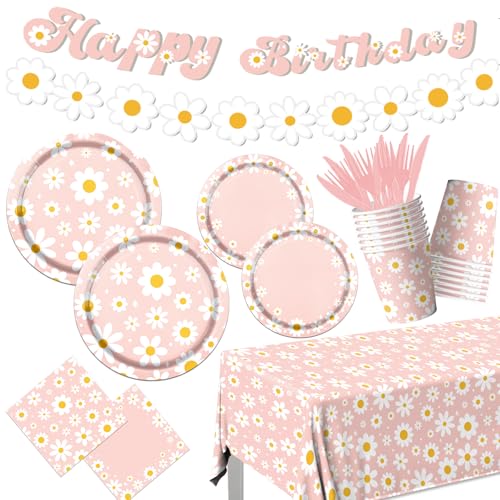 142PCS Daisy Birthday Party Tableware Set,Pink Groovy Daisy Flower Supplies Include Daisy Plates and Napkins Cup Tablecloth Banner for Retro Theme Hippie Girl Birthday Baby Shower Wedding Supplies