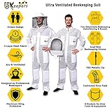 USKEEPERS 3 Layer Bee Suit, Apiarist Ultra Ventilated Beekeeping Suit for Men & Women, Beekeepers Suit with Bee Gloves & 2 Beekeeping Veils(White XL)