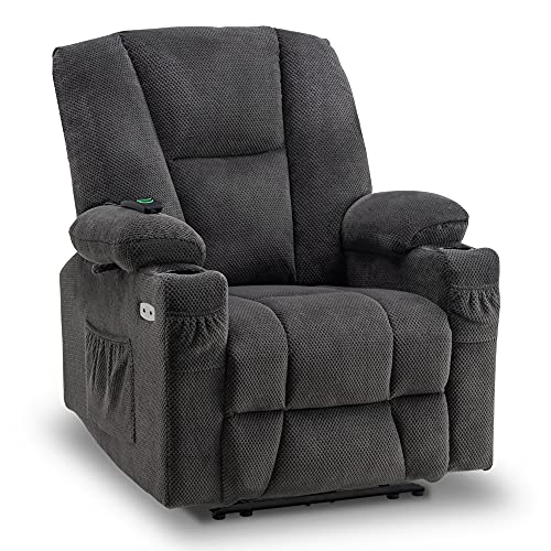 MCombo Fabric Electric Power Recliner Chair with Heat and Vibration, Cup Holders, USB Charge Ports, Extended Footrest, Cloth Powered Reclining for Living Room 8015(Grey)