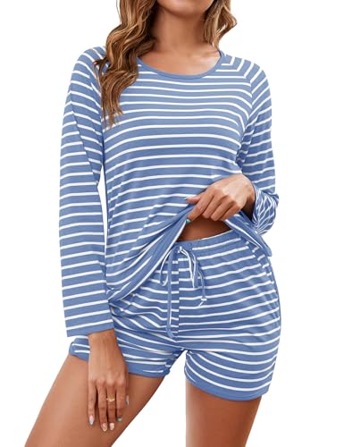 Namatime Cotton Pajama Sets for Women Soft 2 Piece Stripe Lounge Set Long Sleeve Shorts Pj Set Loungewear Sleepwear with Pockets Comfy Sleep Set 2025 Fall Winter Dusty Blue Wide Stripe Large