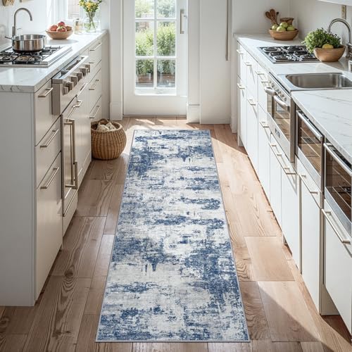 Runner Rug 2'6''x8' Washable Runner Rug: Machine Washable Kitchen Area Rug with Anti-Slip Backing Non-Shedding Stain-Resistant Long Soft Carpet Runner for Hallway, Bedroom, Laundry Room-Gray/Blue