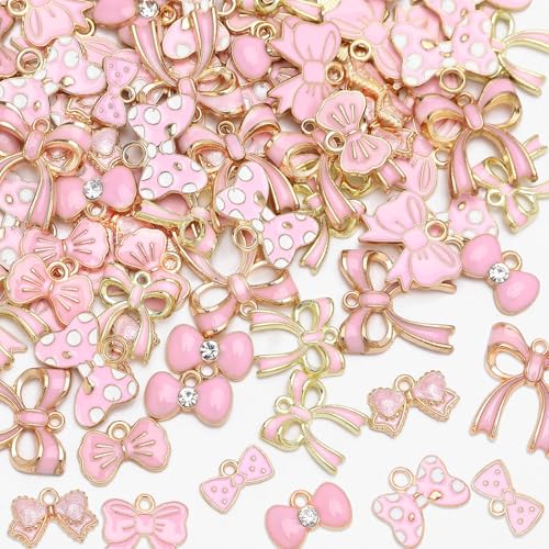 MARFOREVER 120 Pcs Pink Bow Charms, Bowknot Charms for Jewelry Making Alloy Enamel Kawaii Bow Tie Charm Pendants for Women Girl DIY Bracelet Necklace Earrings Valentines Day Crafts Supplies