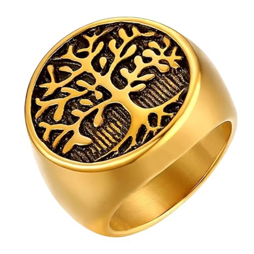 Tree of life ring Punk Men Silver Color Tree Of Life Ring Casting Stainless Steel Life Tree Rings For Men Ring Jewelry Bague Homme-T03 (Gold, 10)