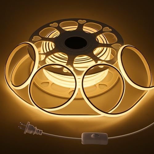 Samsion 65.6FT COB LED Strip Light AC 110V Warm White Outdoor Waterproof CRI 85+ Plug in with Switch Flexible LED COB Rope Lights 3000K Cuttable High Density 288Leds/M for Cabinet Garden Home Decor