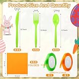 50 Sets Easter Plastic Cutlery Set Rabbit Theme Carrot Shaped Tableware Include Lime Green Disposable Spoons Forks Knives Orange Paper Napkins Satin Ribbons for Easter Party Bunny Birthday Decor