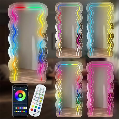 JXIN Dream Color Mirror Neon Sign With Remote, 10 * 21inches, Light with 210 Kinds of Color, For Dressing Mirror, Makeup Helper, Wall Decor, Bedroom, Living Room, Valentine's Day Gift