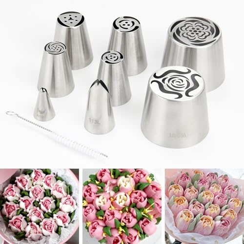 Extra Large Stainless Steel Russian Tulip Marshmallow Flower Nozzle Set, Contains 6 Flower Nozzle, 2 Leaf 1 Brush, For Cake Decorating, Pastry Baking Tools