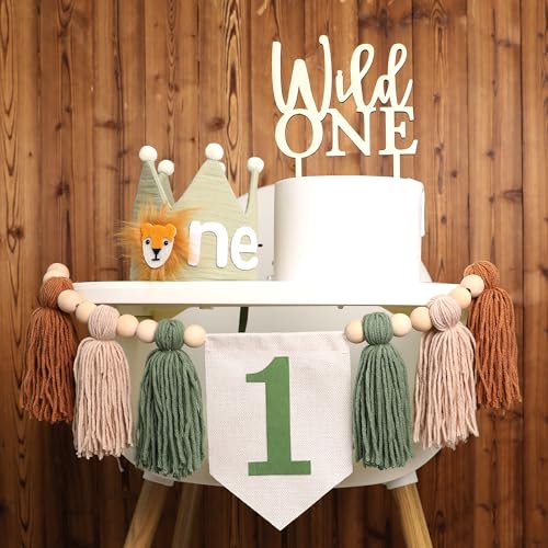 HODIHIWI Wild One 1st Highchair Wood Bead Tassel Garland Lion Crown Hat Wooden Cake Topper Birthday Party Decorations