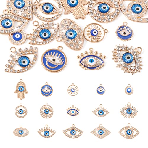 Cheriswelry 30Pcs Alloy Enamel Eye Charms Assorted Evil Eye Blue Pendants with Rhinestone Resin Bead 15 Styles for 18.5-32mm DIY Necklace Bracelet Earring Jewelry Making